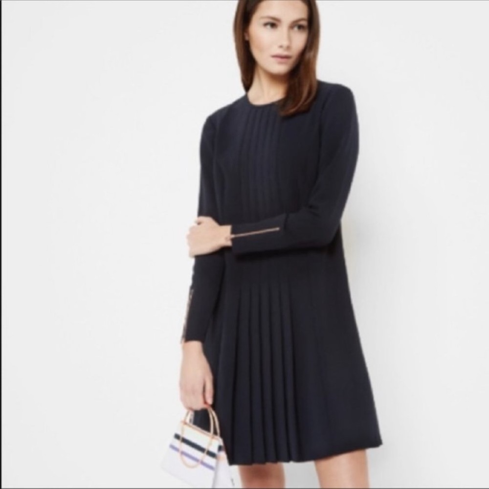 Like new, Ted Baker London CAARA pleated long sleeve navy blue suiting dress